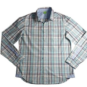 Hugo Boss Men Shirt XL Blue Plaid Checked Casual Long Sleeve Cotton Lined Collar